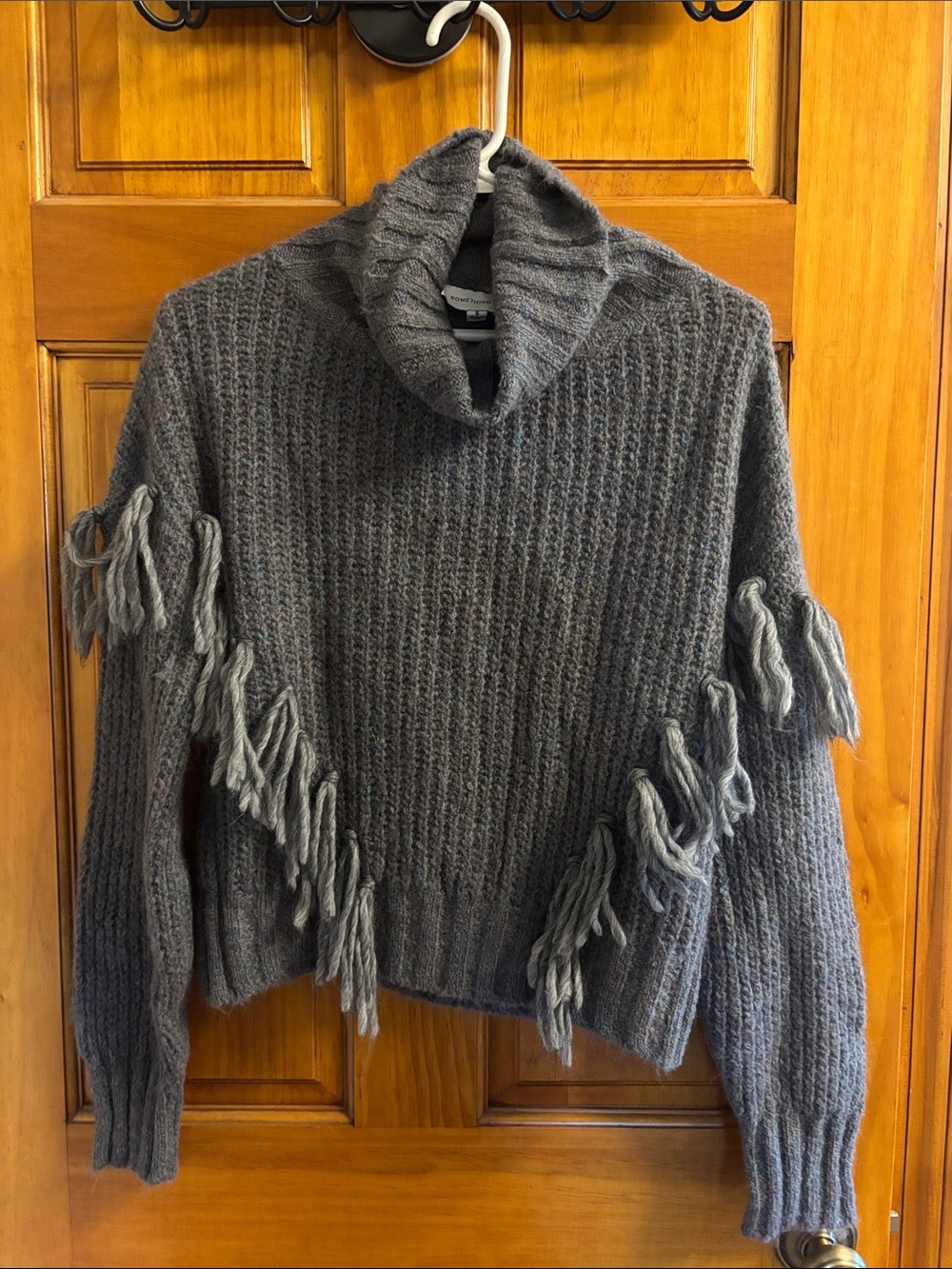 Something Navy Charcoal Fringe Turtleneck Sweater
